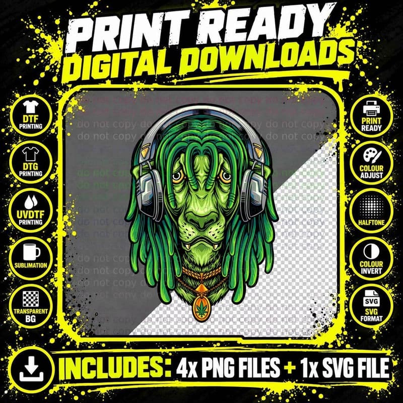 Lion Headphone Green Head Wearing Purple Headphones Png SVG Digital Bundle