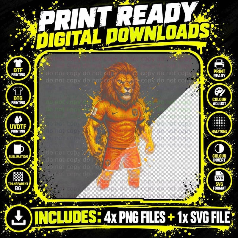 Lion Mascot Footballer Orange Kit Netherlands Crest Png SVG Digital Bundle