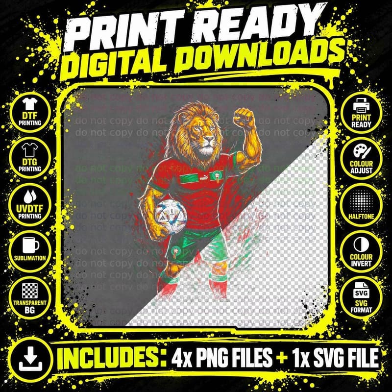 Lion Mascot Footballer Red Green Morocco Kit Fist Raised Png SVG Digital Bundle