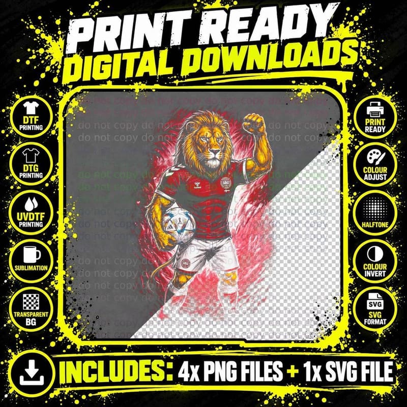 Lion Mascot Footballer Red White Kit Fist Raised Holding Png SVG Digital Bundle