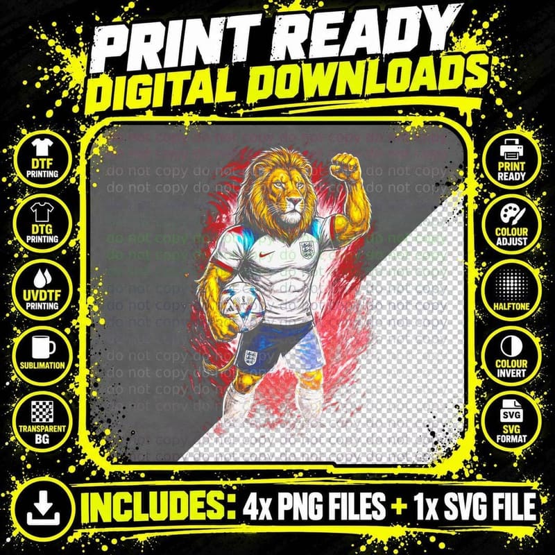 Lion Mascot Footballer White England Kit Three Lions Png SVG Digital Bundle