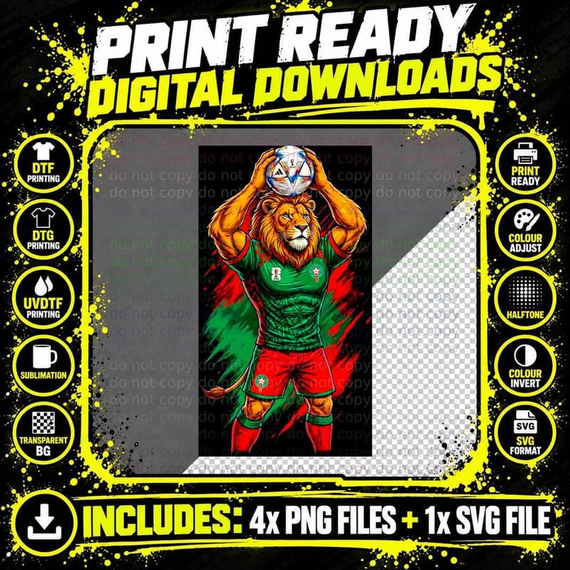 Lion Mascot Green Morocco Jersey Holding Ball Overhead Png SVG Digital Bundle