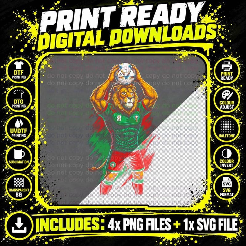 Lion Mascot Head Footballer Green Jersey Holding Ball Png SVG Digital Bundle