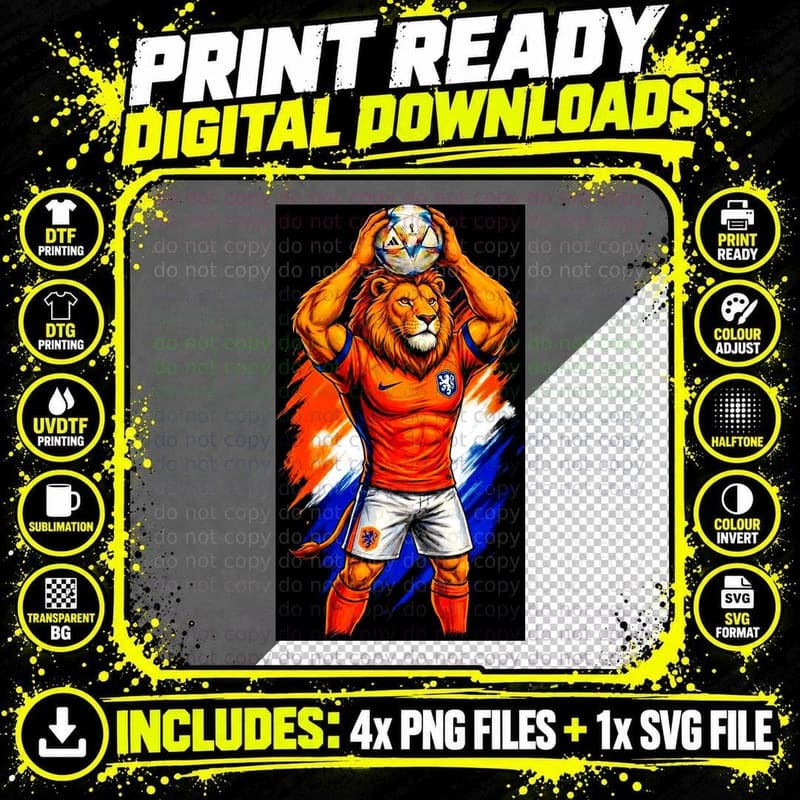 Lion Mascot Orange Netherlands Jersey Holding Ball Png SVG Digital Bundle