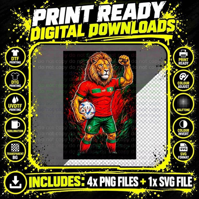 Lion Mascot Red Morocco Jersey Fist Raised Holding Ball Png SVG Digital Bundle