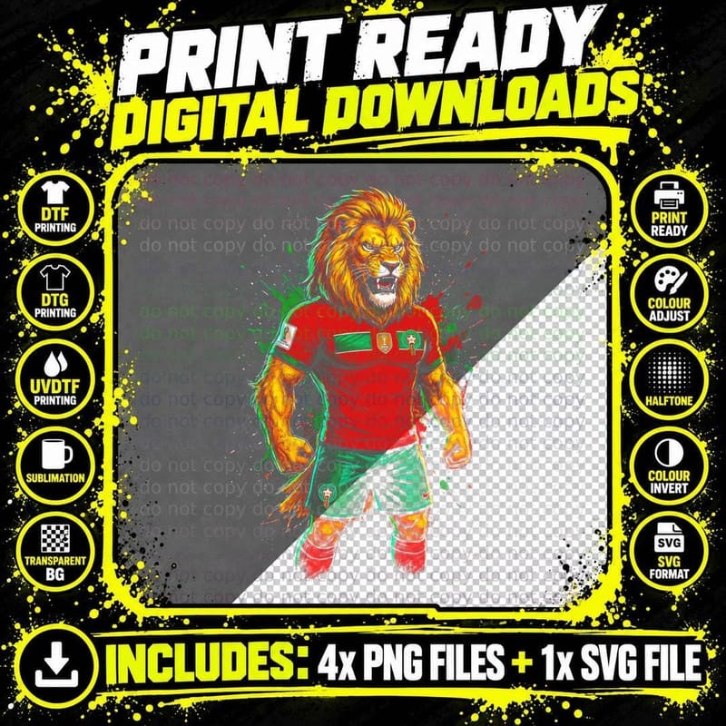 Lion Mascot Roaring Head Footballer Red Jersey Standing Png SVG Digital Bundle