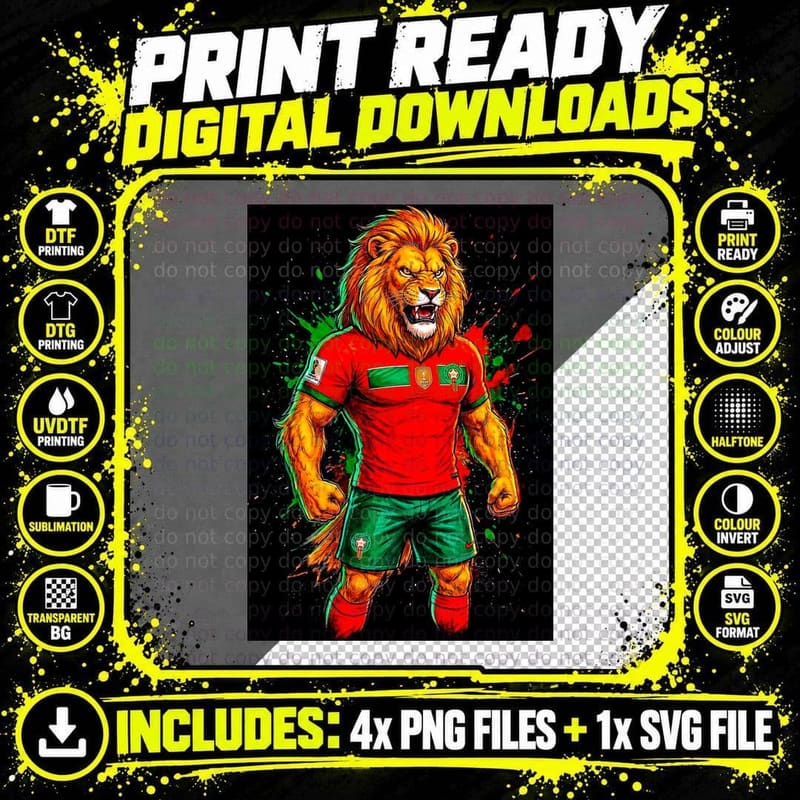 Lion Roaring Mascot Red Morocco Jersey Fists Clenched Png SVG Digital Bundle
