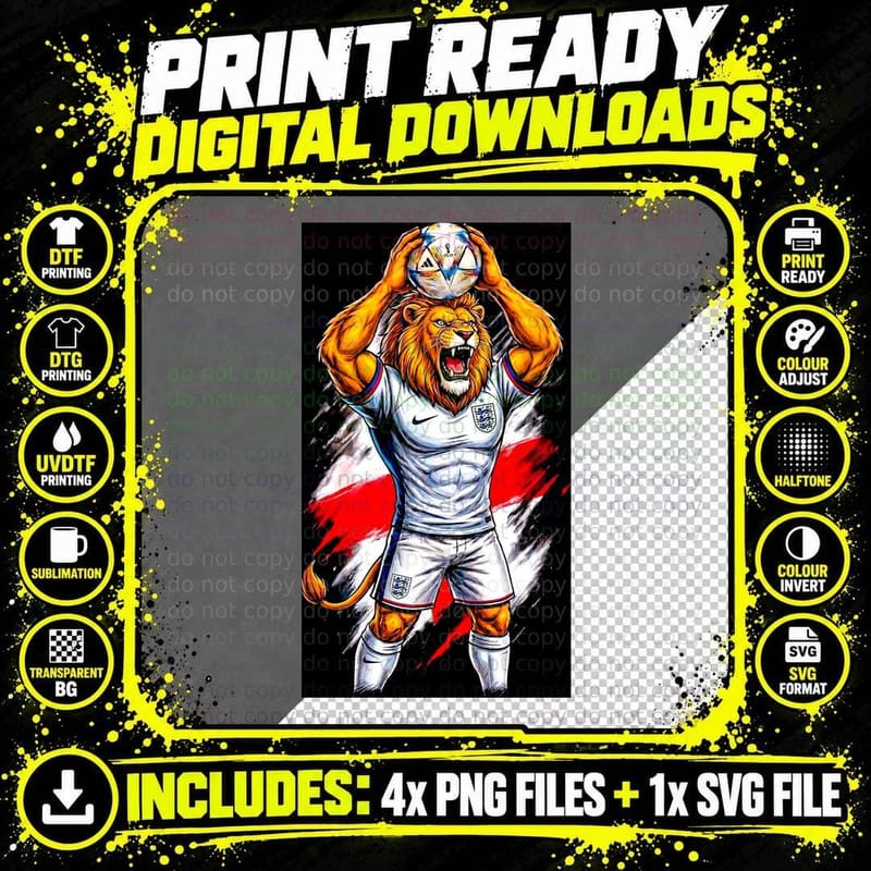 Lion Roaring Mascot White England Jersey Holding Ball Png SVG Digital Bundle