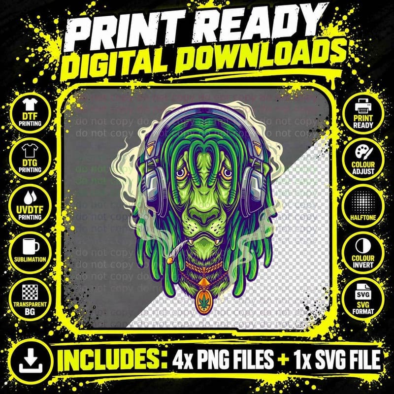 Lion Vibes Green Head with Headphones Lime Drip Effect Png SVG Digital Bundle