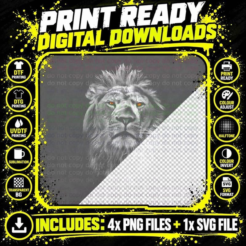 Lion White Gray Orange Eyes Halftone Animal T-Shirt Png SVG Digital Bundle