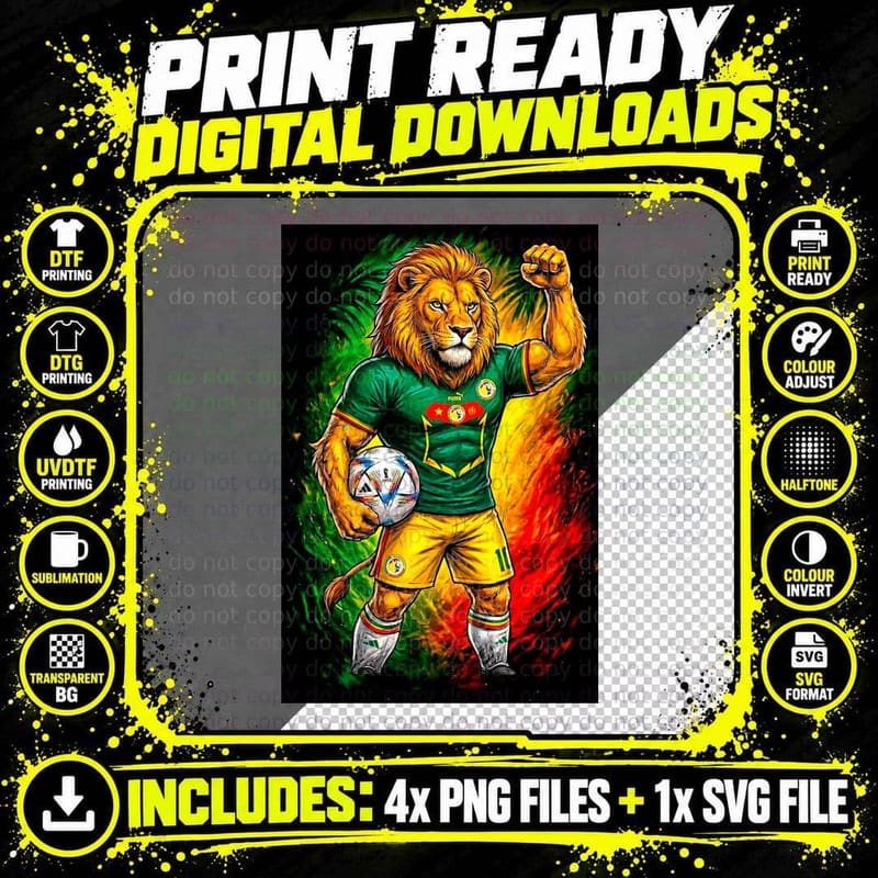Lion-Headed Footballer Golden Lion Head Green Yellow Kit Png SVG Digital Bundle