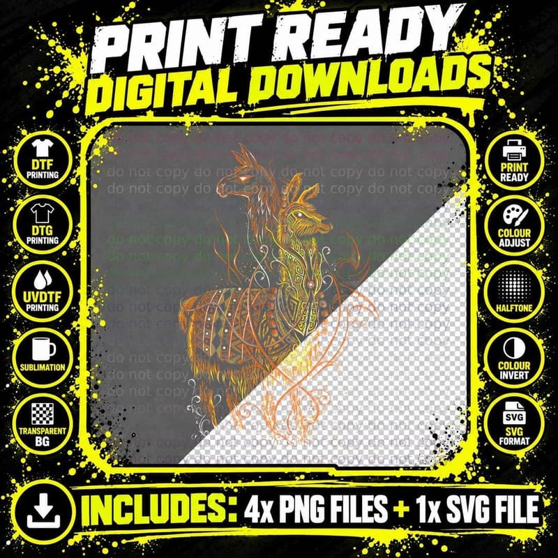 Llama Golden Ornate Animal Jewelry Halftone T-Shirt Png SVG Digital Bundle