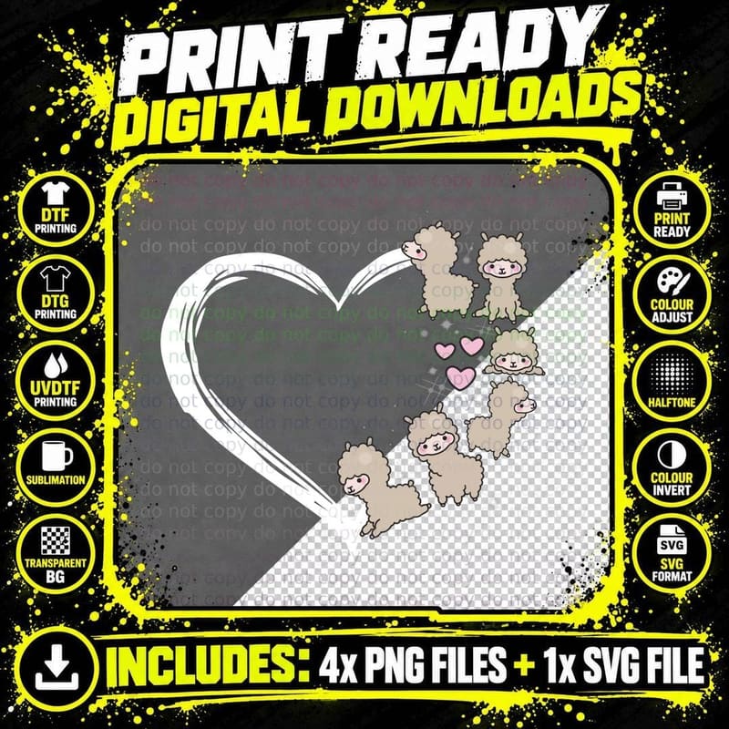 Llama Heart T-Shirt, Adorable Animal Print Png SVG Digital Bundle