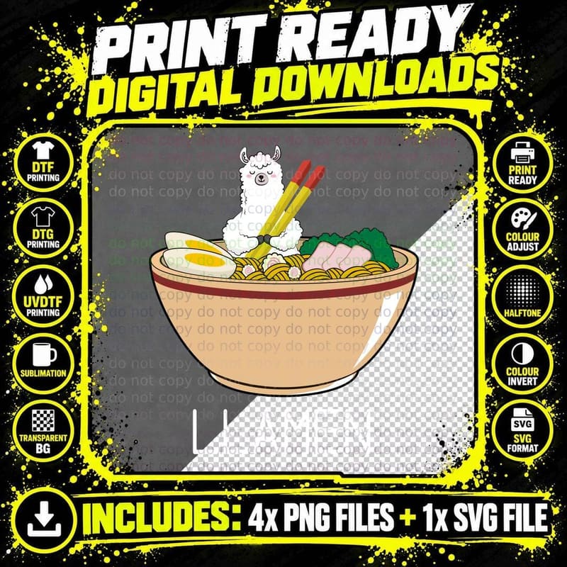 Llama in Ramen Bowl T-Shirt, Quirky Food Art Png SVG Digital Bundle