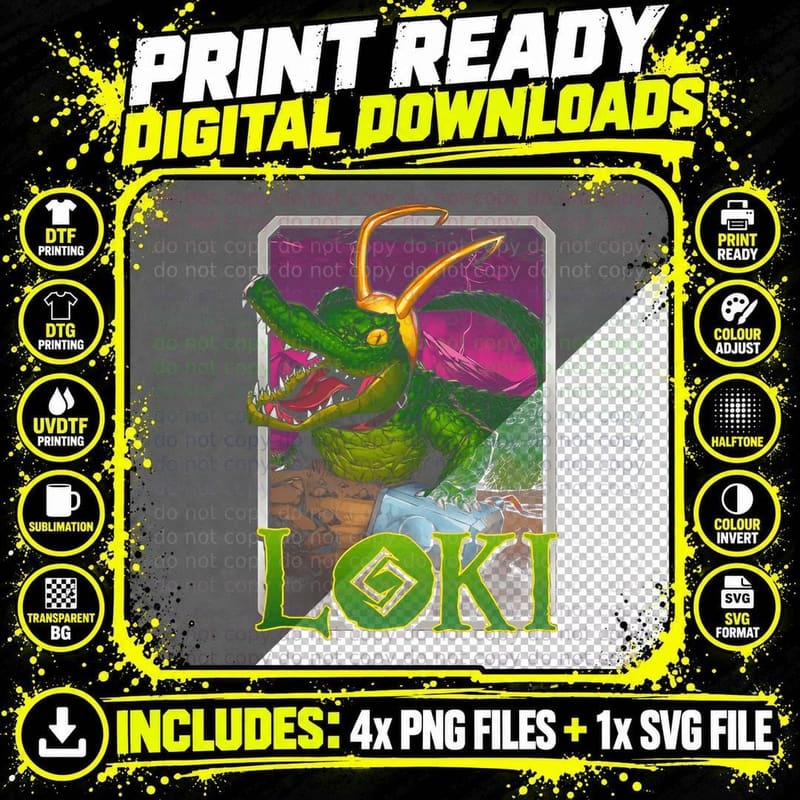 Loki Green Orange Demon Snake Halftone Character T-Shirt Png SVG Digital Bundle