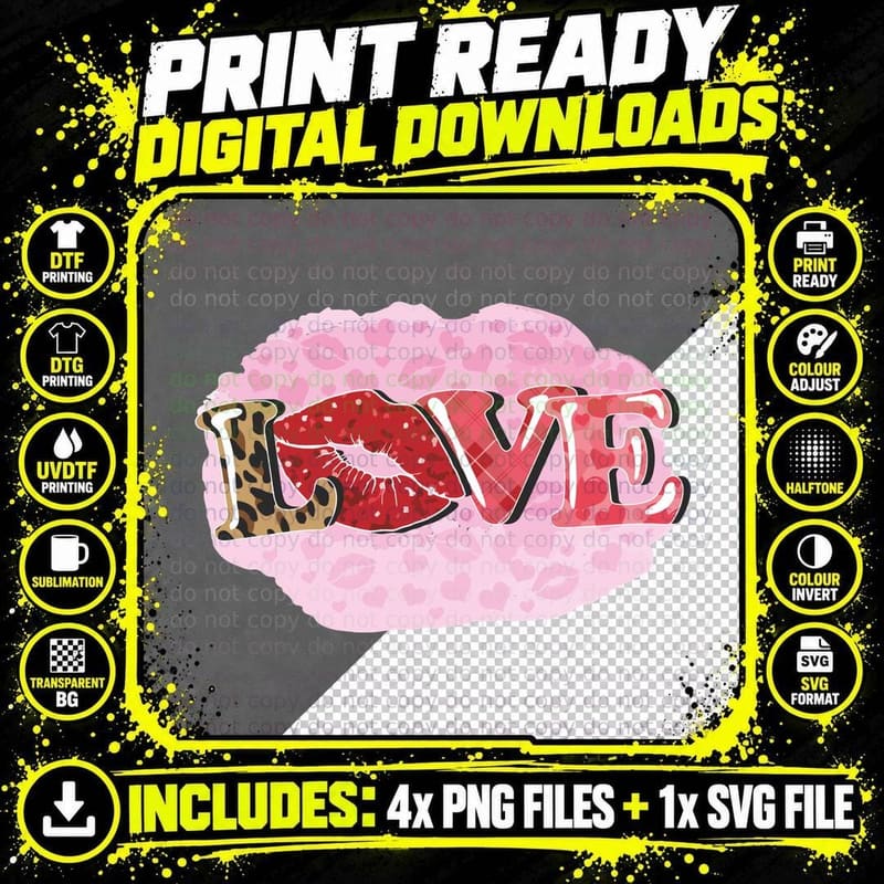 Love Lips Leopard Giraffe Zebra Checkered Pink T-Shirt Png SVG Digital Bundle