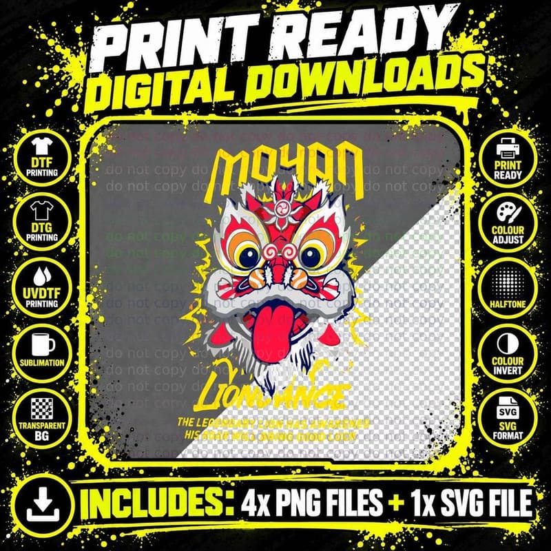 Moman Lion Dance Chinese Red Yellow Gold Lucky Fortune Png SVG Digital Bundle