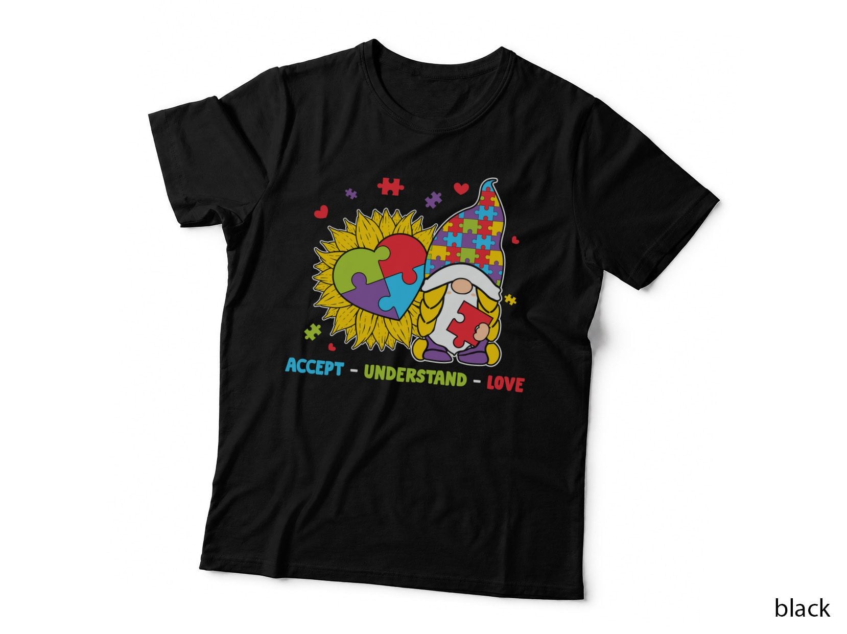 Accept - Understand - Love Autism T-Shirt, Sunflower Puzzle Pieces Gnome Hearts