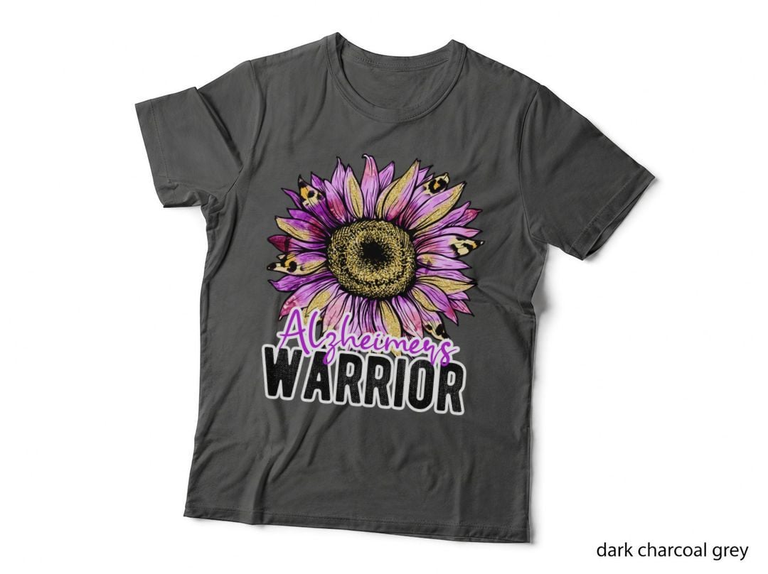 Alzheimers Warrior Alzheimers Awareness T-Shirt, Purple Sunflower with Glitter