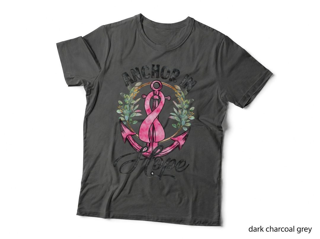 Anchor in Hope Breast Cancer T-Shirt, Pink Ribbon Anchor with Foliage Graphic