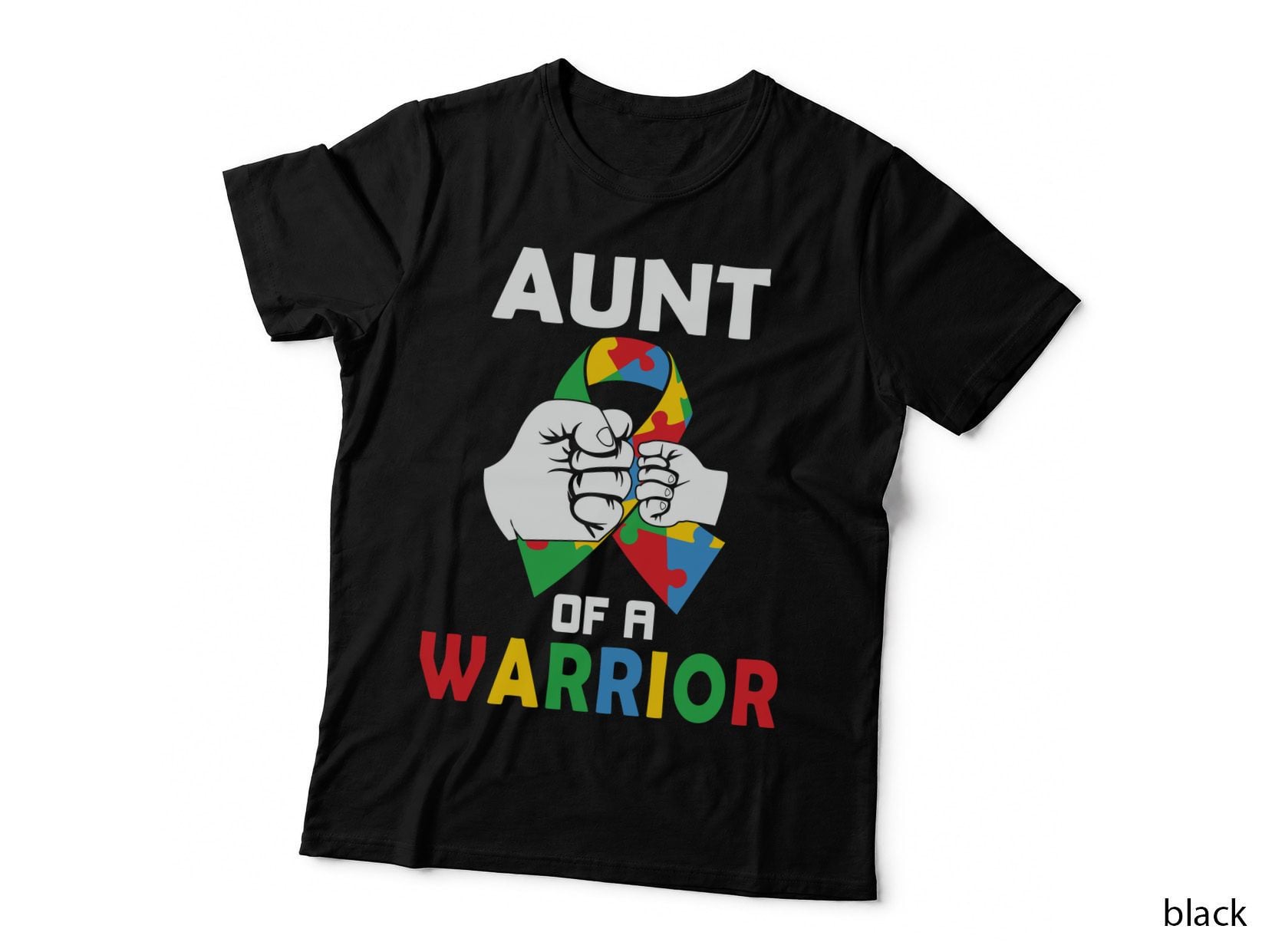 Aunt of a Warrior Autism T-Shirt, Two Fists Holding Puzzle Pieces Graphic Tee