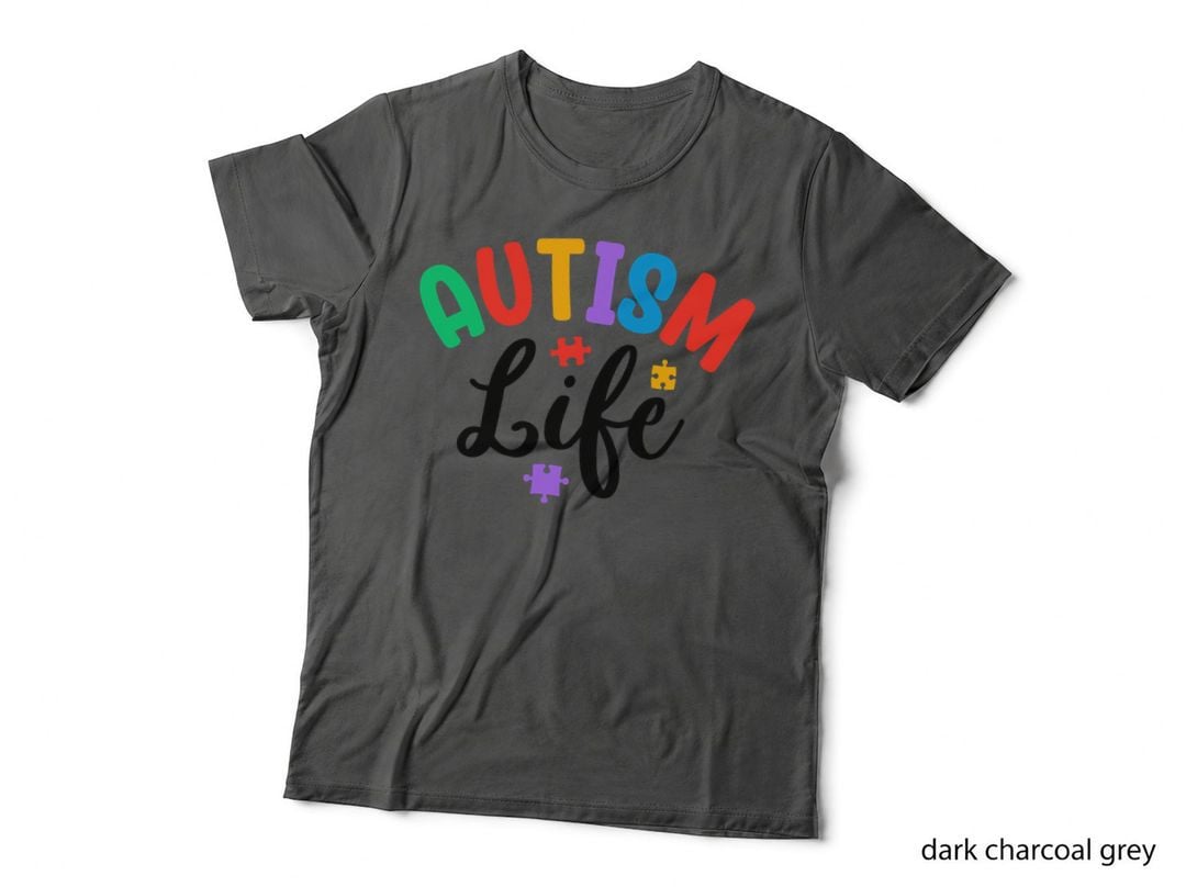 Autism Life Autism T-Shirt, Colorful Puzzle Pieces on Gray Graphic Tee
