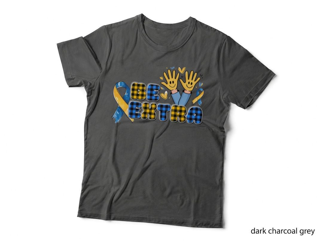 Be Extra Down Syndrome T-Shirt, Plaid Ribbon Hands Hearts Graphic Tee