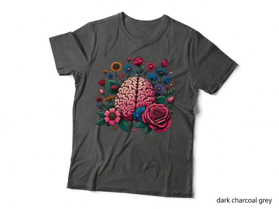 Brain Surrounded by Vibrant Flowers Mental Health T-Shirt