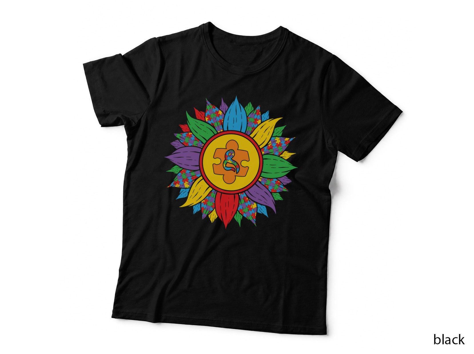 Colorful Puzzle Pieces Forming a Sun Autism T-Shirt, Autism Graphic Tee