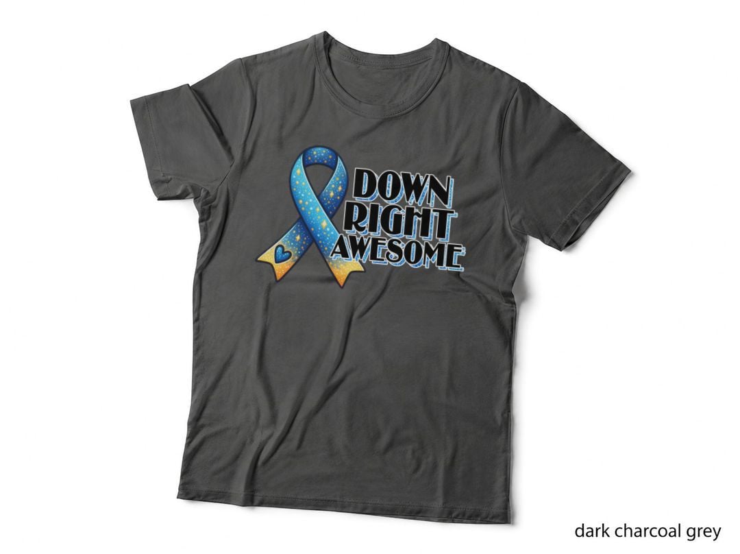 Down Right Awesome Down Syndrome T-Shirt, Blue Ribbon with Dots and Heart