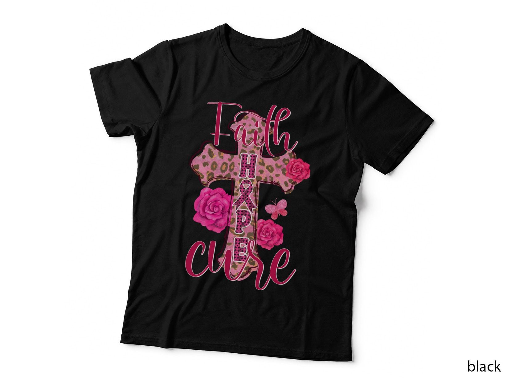 Faith Hope Cure Breast Cancer T-Shirt, Leopard Cross with Roses and Graphic Tee