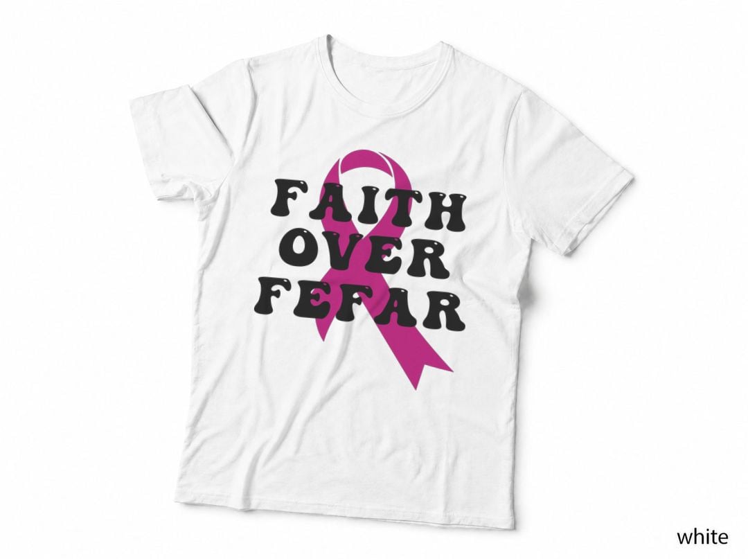 Faith Over Fefar Breast Cancer T-Shirt, Pink Ribbon on Gray Background Graphic
