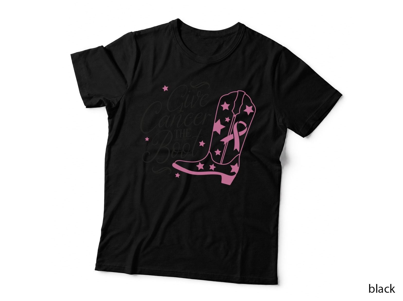 Give Cancer the Boot Breast Cancer T-Shirt, Pink Boot with Stars on Gray