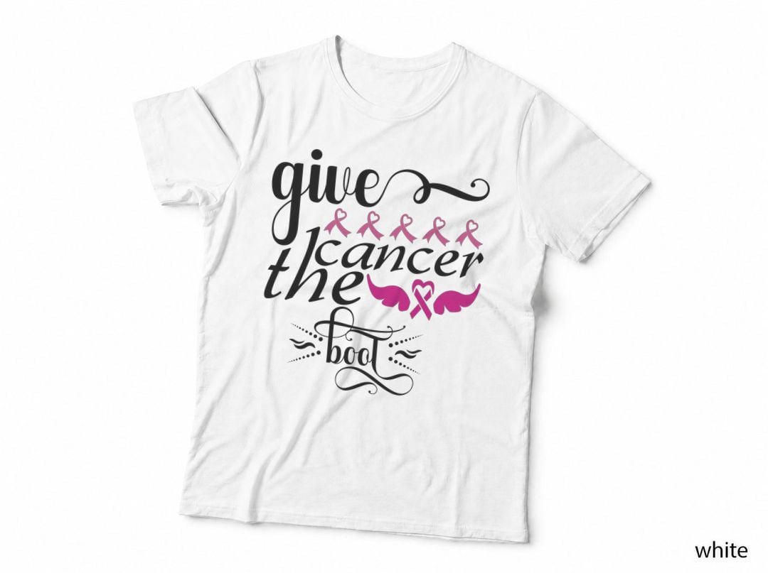 Give Cancer the Boot Breast Cancer T-Shirt, Pink Ribbons on Gray Background