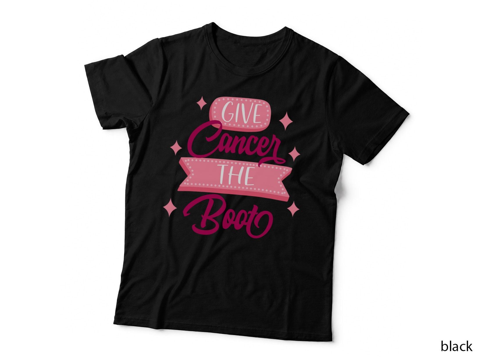 Give Cancer the Booto Breast Cancer T-Shirt, Pink Stars on Gray Background