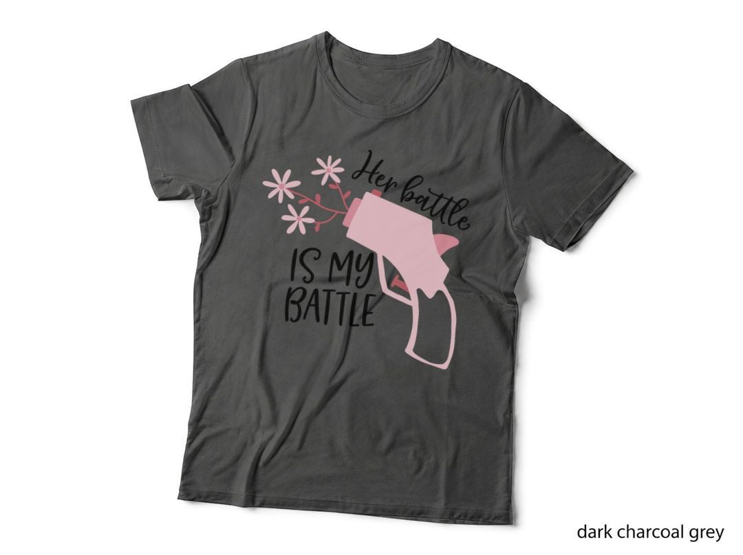 Her Battle Is My Battle Breast Cancer T-Shirt, Pink Gun with Flowers Graphic