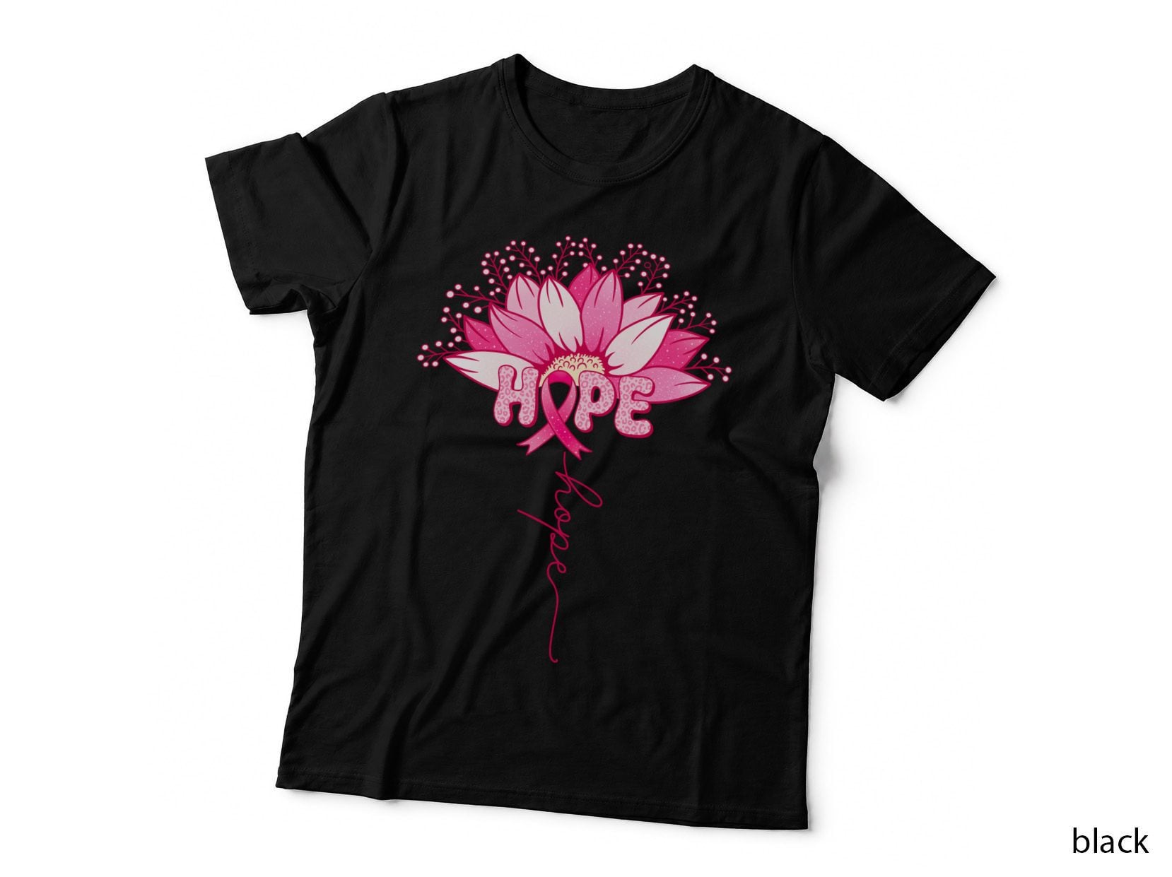 Hope Breast Cancer T-Shirt, Pink Flower with Hope Ribbon Graphic Tee