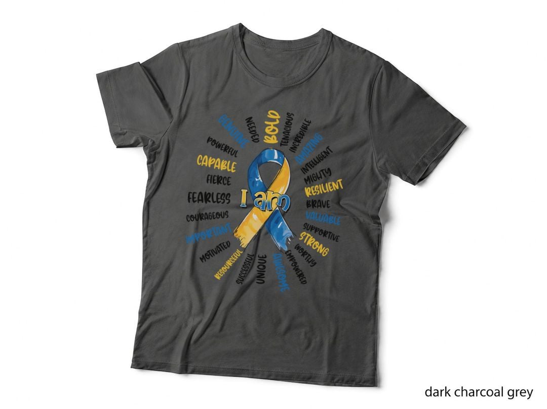 I Am Down Syndrome T-Shirt, Blue and Yellow Ribbon with Graphic Tee