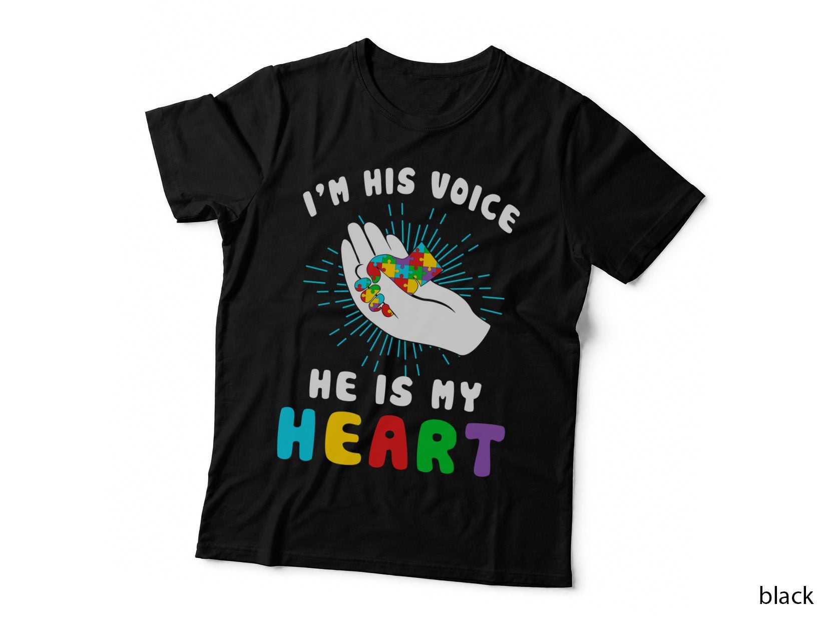I'm His Voice He Is My Heart Autism T-Shirt, Hand Holding Puzzle Heart Graphic