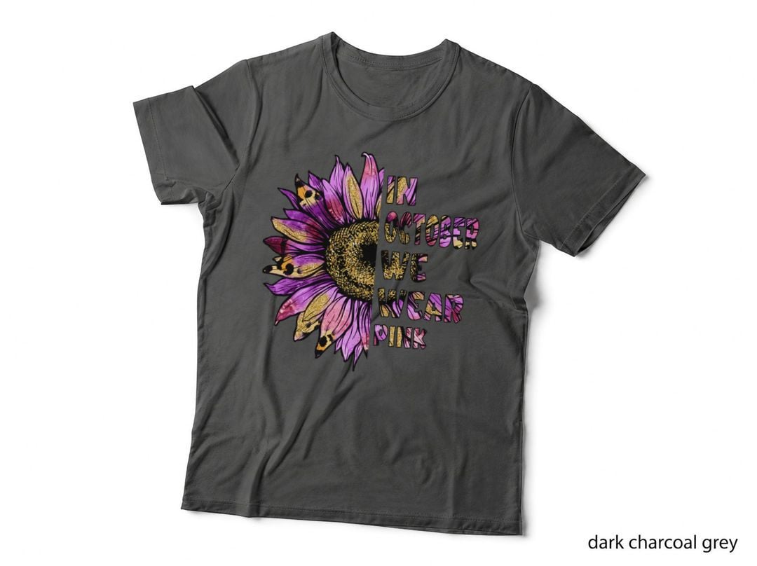 In October We Wear Pink Breast Cancer T-Shirt, Purple Sunflower with Glitter