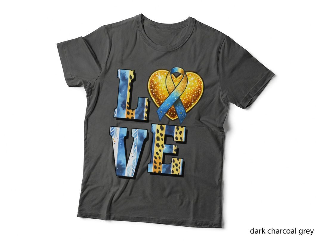 Love Down Syndrome T-Shirt, Sparkling Heart with Ribbon Graphic Tee