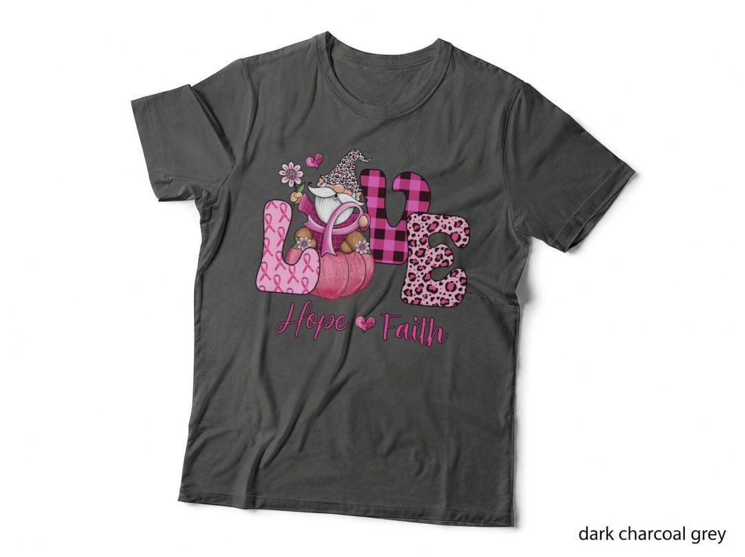 Love Hope Faith Breast Cancer T-Shirt, Pink Gnome Holding Flower Graphic Tee