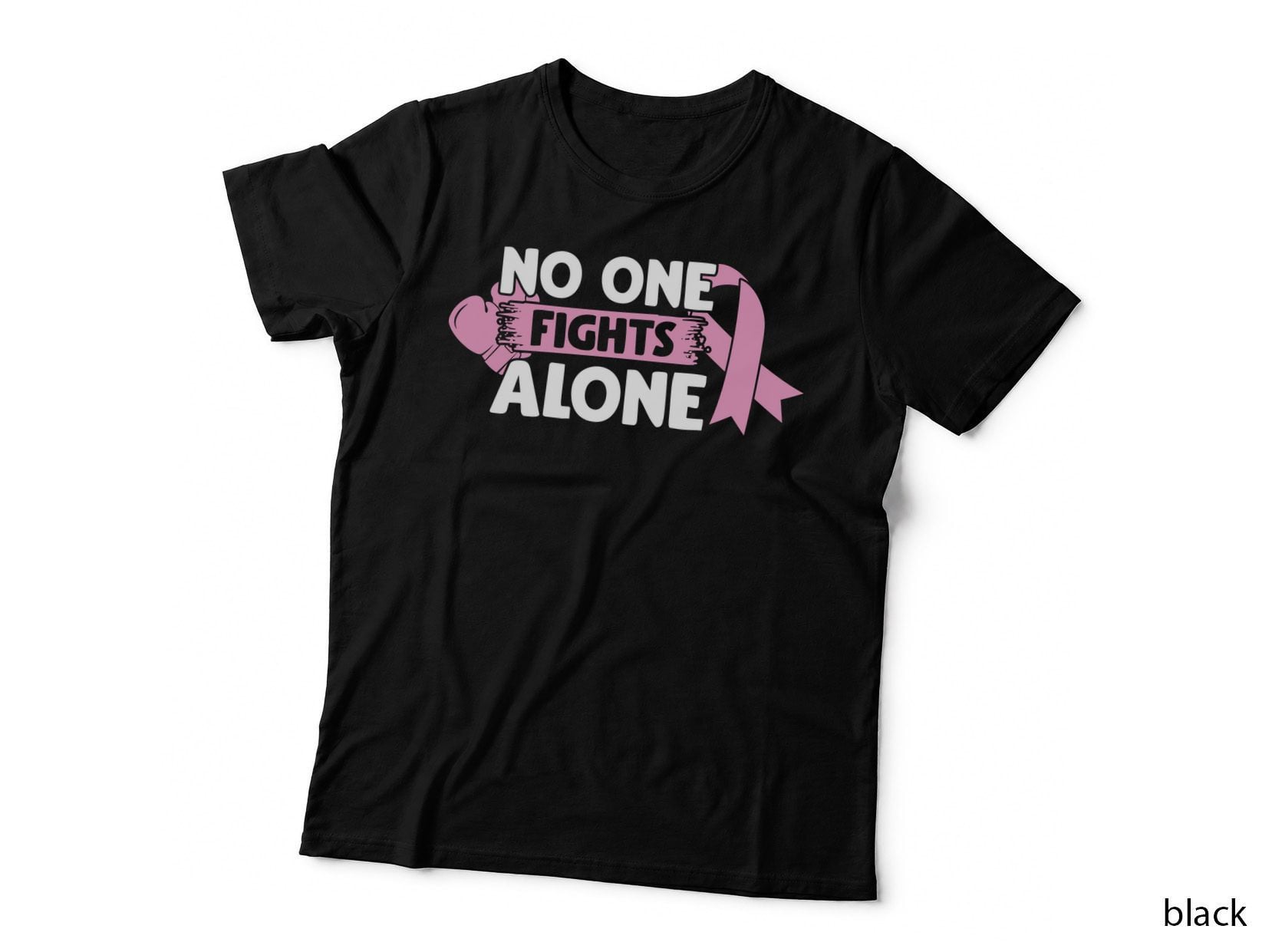 No One Fights Alone Breast Cancer T-Shirt, Pink Ribbon Holding Hands Graphic