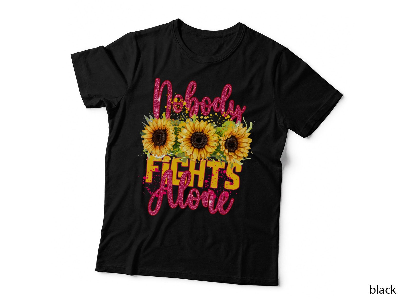 Nobody Fights Alone Breast Cancer T-Shirt, Glittery Sunflowers on Gray Graphic