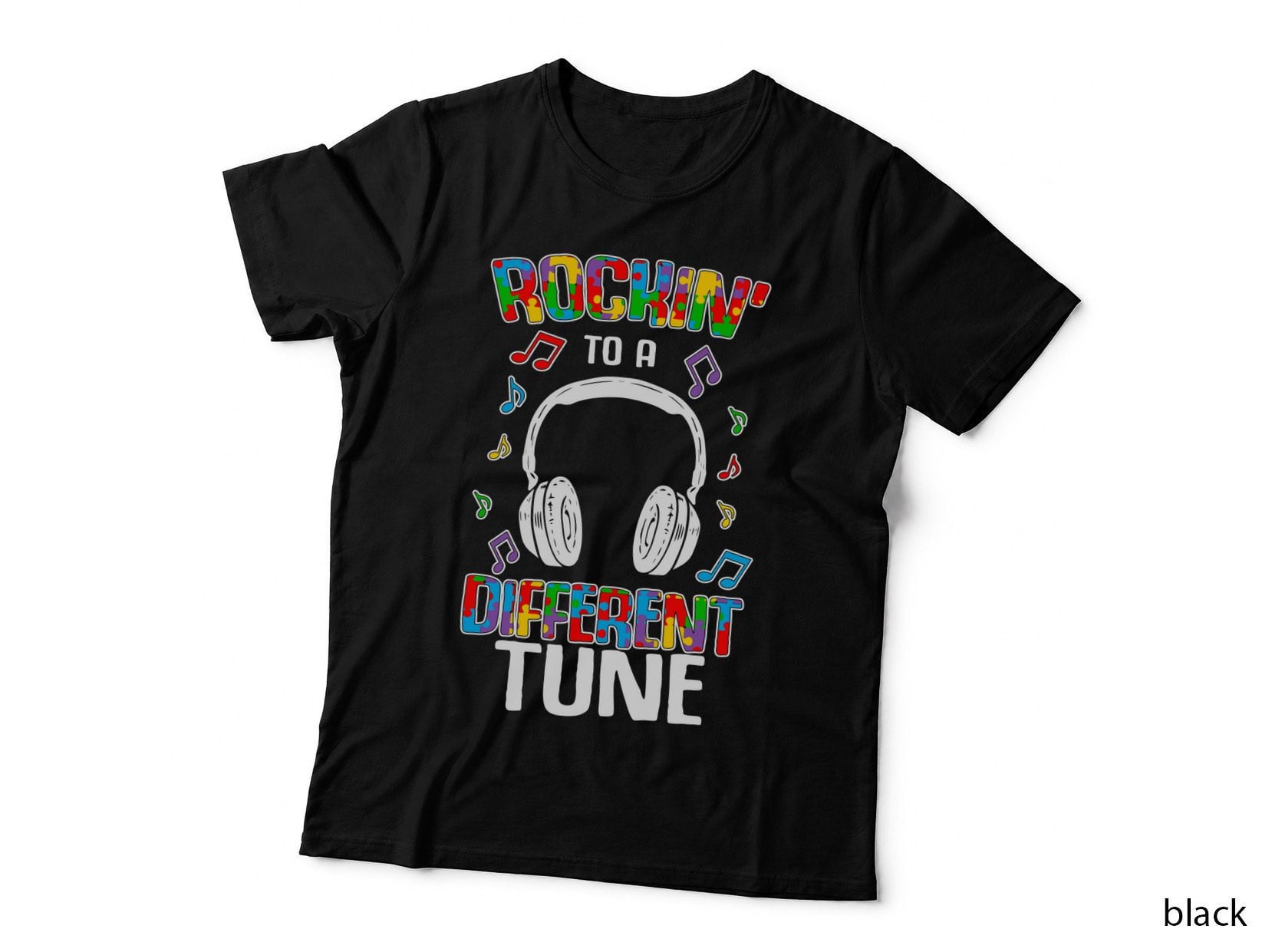 Rockin' to a Different Tune Autism T-Shirt, Headphones Surrounded by Colorful