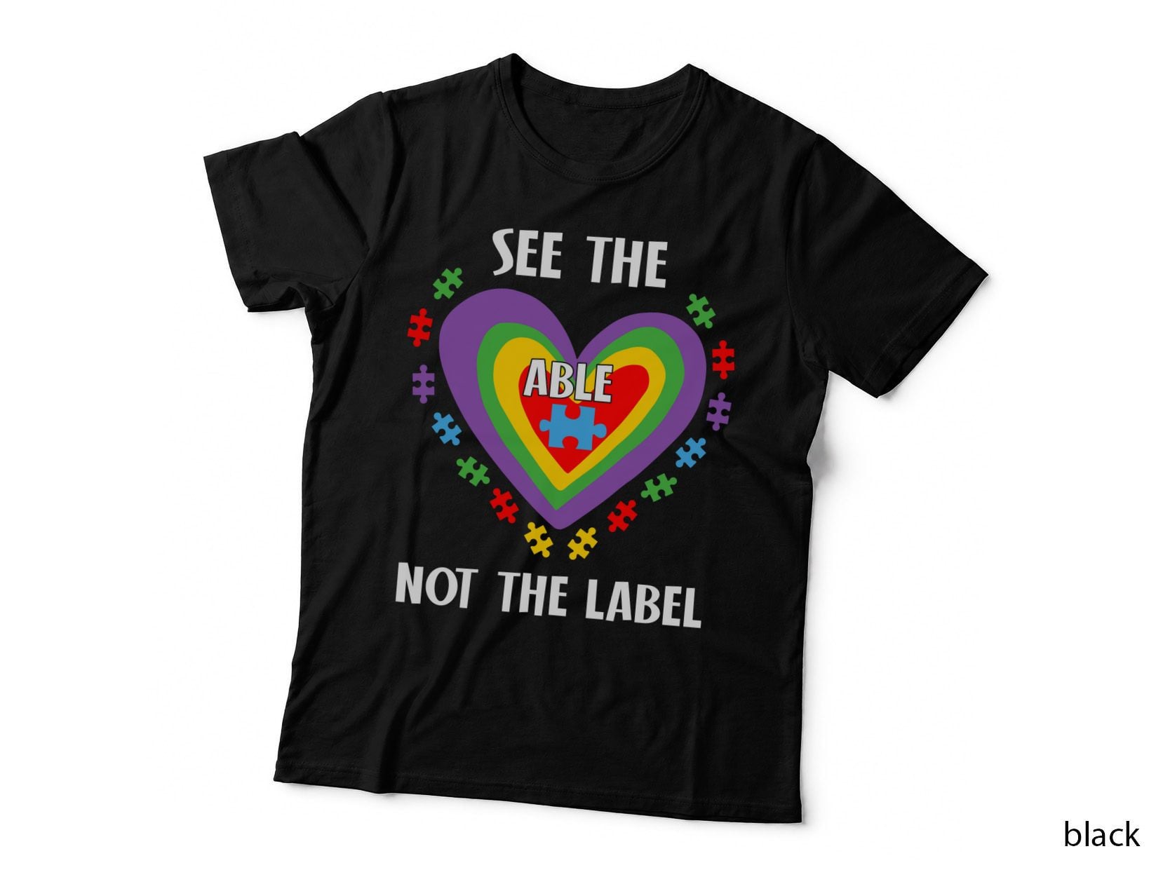 See the Able Not the Label Autism T-Shirt, Rainbow Heart Puzzle Pieces Graphic
