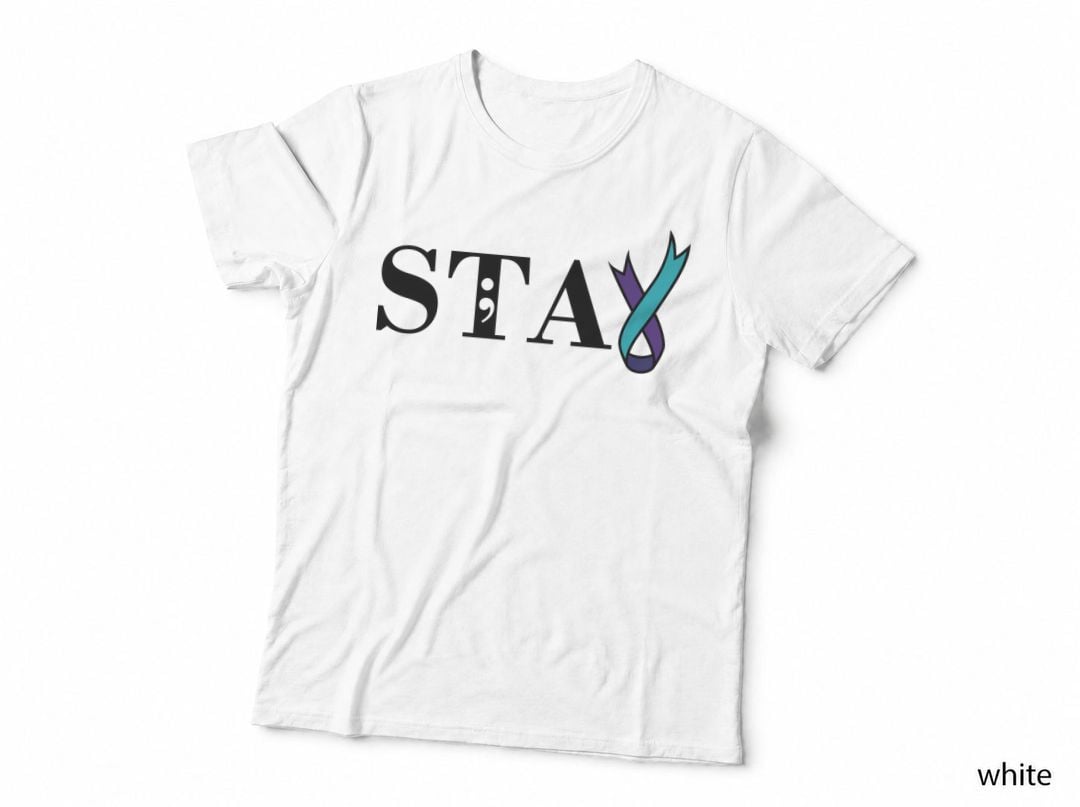 Stay Suicide Awareness T-Shirt, Ribbon on Gray Background Graphic Tee