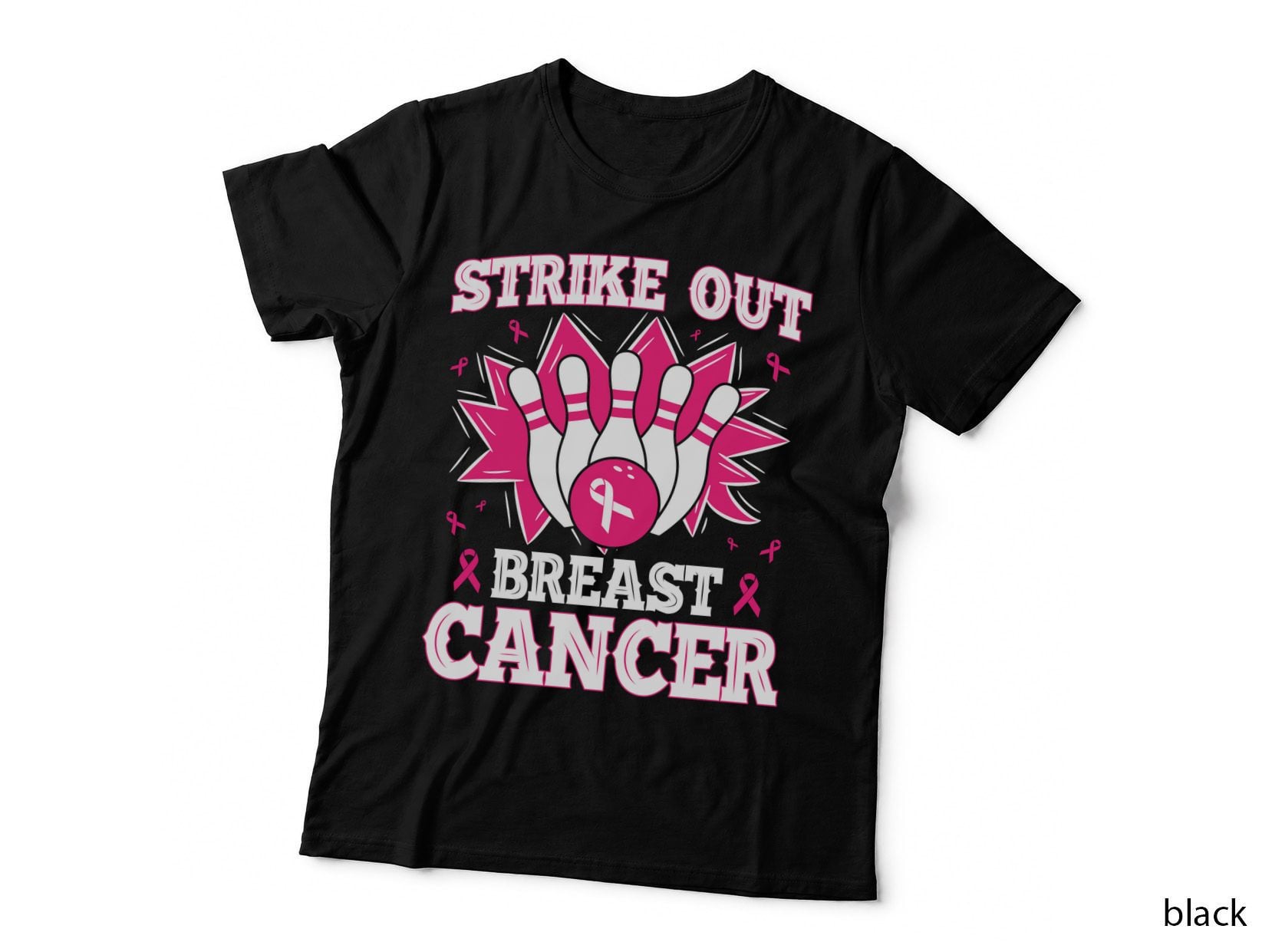 Strike Out Breast Cancer Bowling T-Shirt, Bowling Pins with Pink Ribbon Graphic