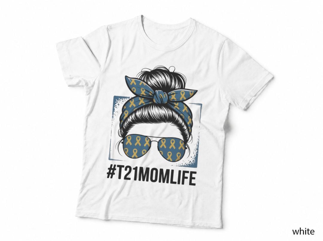 T21momlife Down Syndrome T-Shirt, Messy Bun with Ribbon Bandana and Graphic Tee