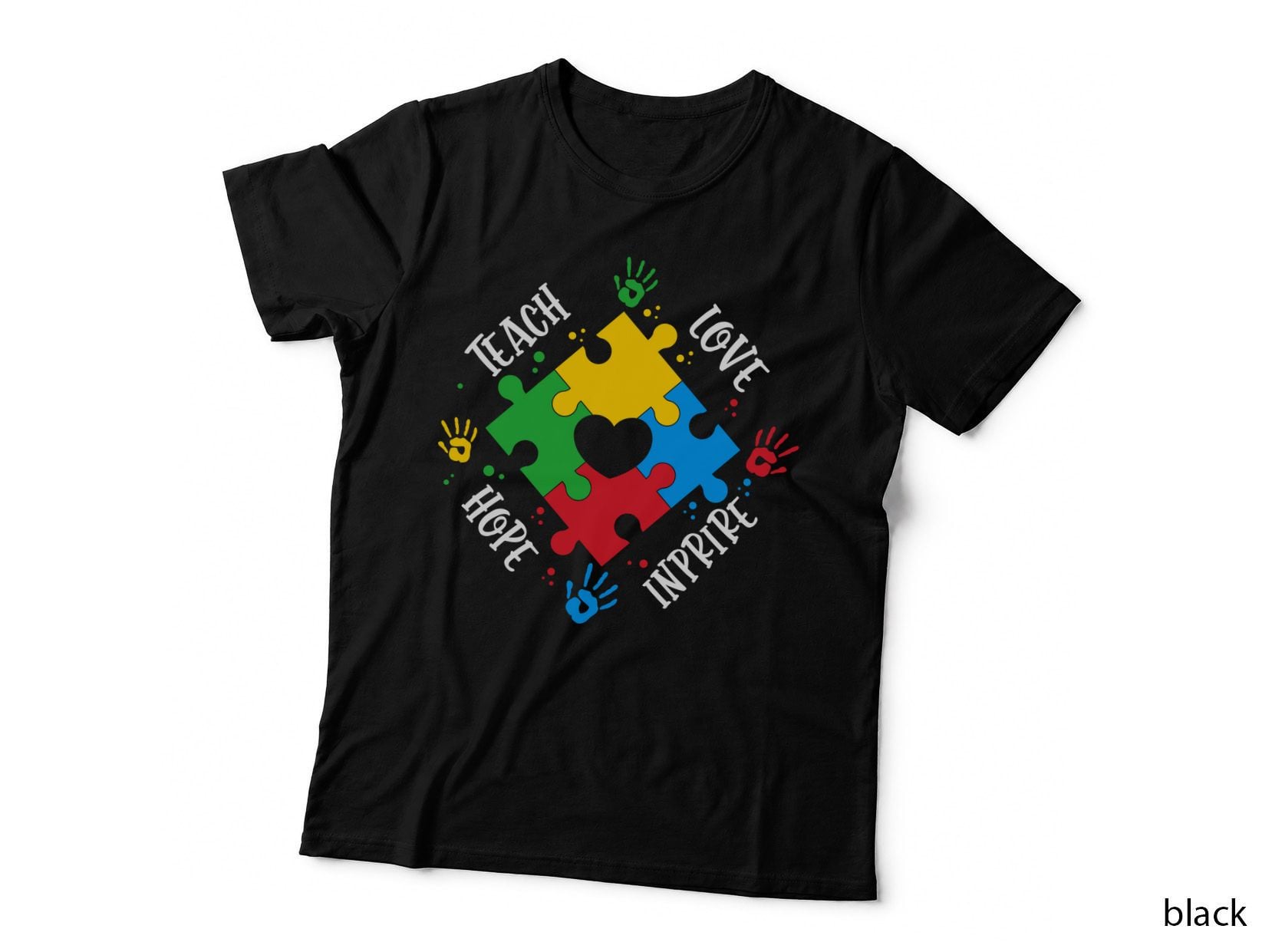 Teach Love Hope Inspire Autism T-Shirt, Colorful Puzzle Pieces Forming Heart